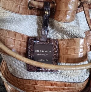 BRAHMIN Trina Whiskey & Raffia Drawstring Hobo Shoulder Bag with Dillard's hangt